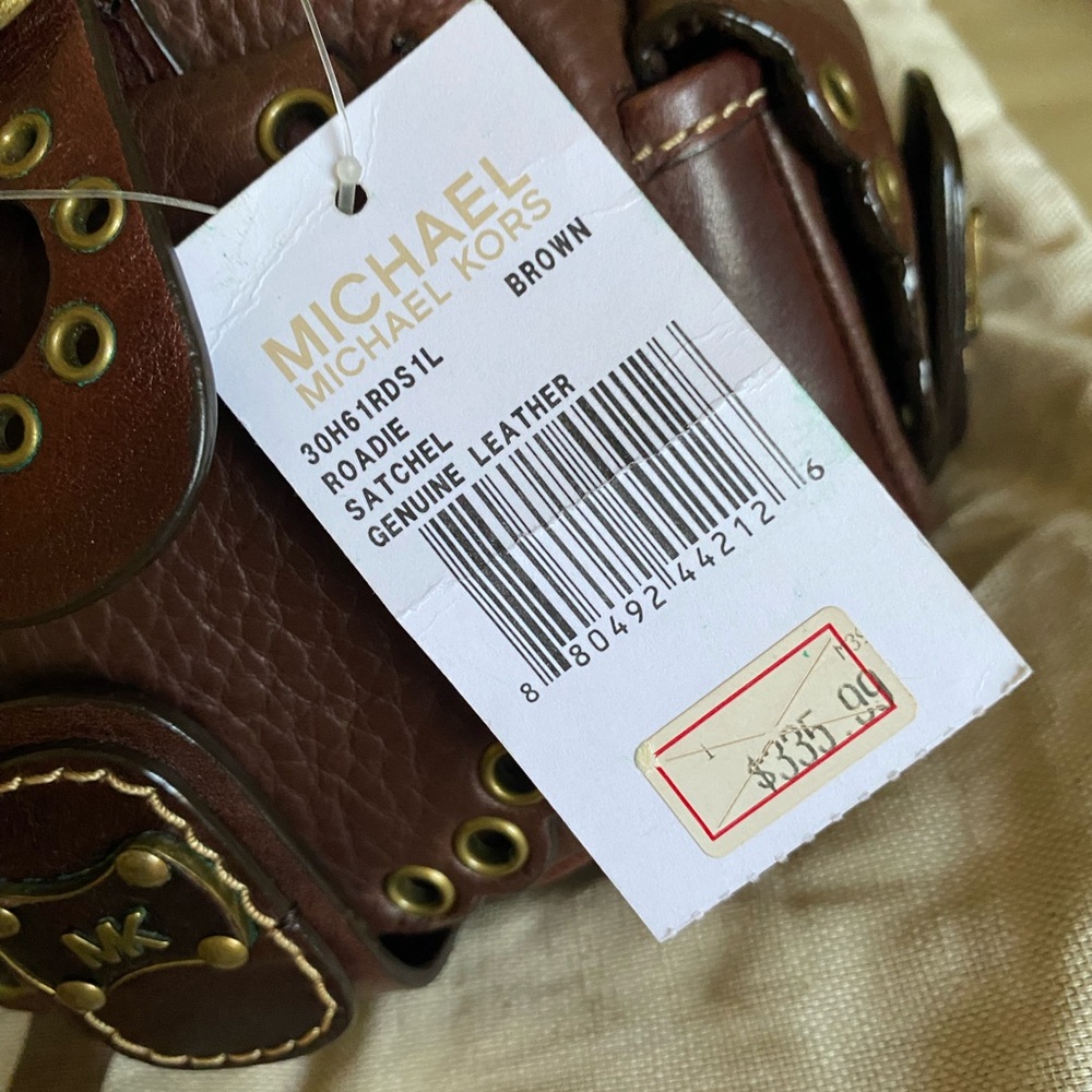 NWT Michael Kors Roadie Satchel Thick Leather Bag Grommets Rivets Brass Pebbled - Picture 6 of 16